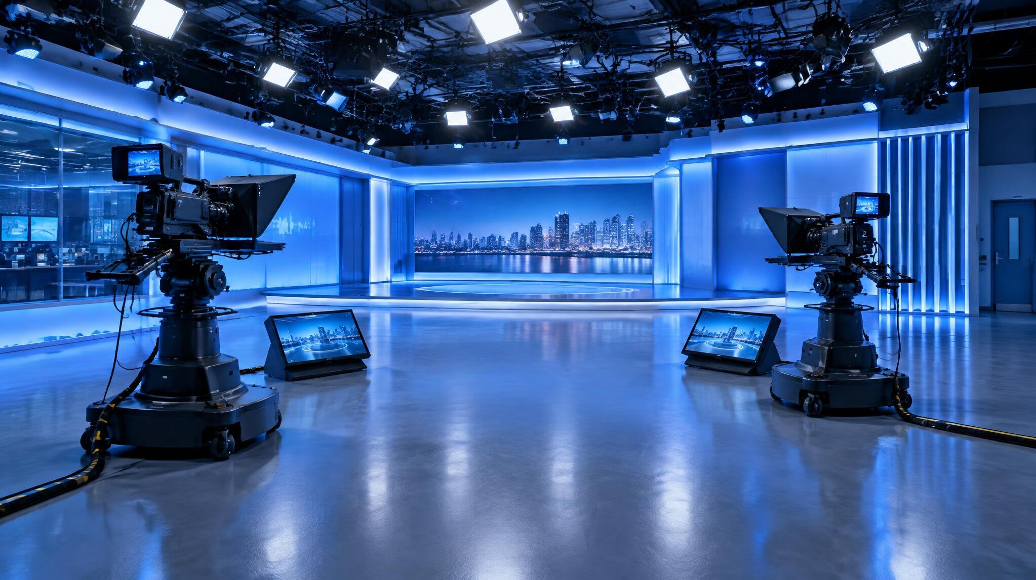 Wide view of an empty television studio floor with cameras and monitors