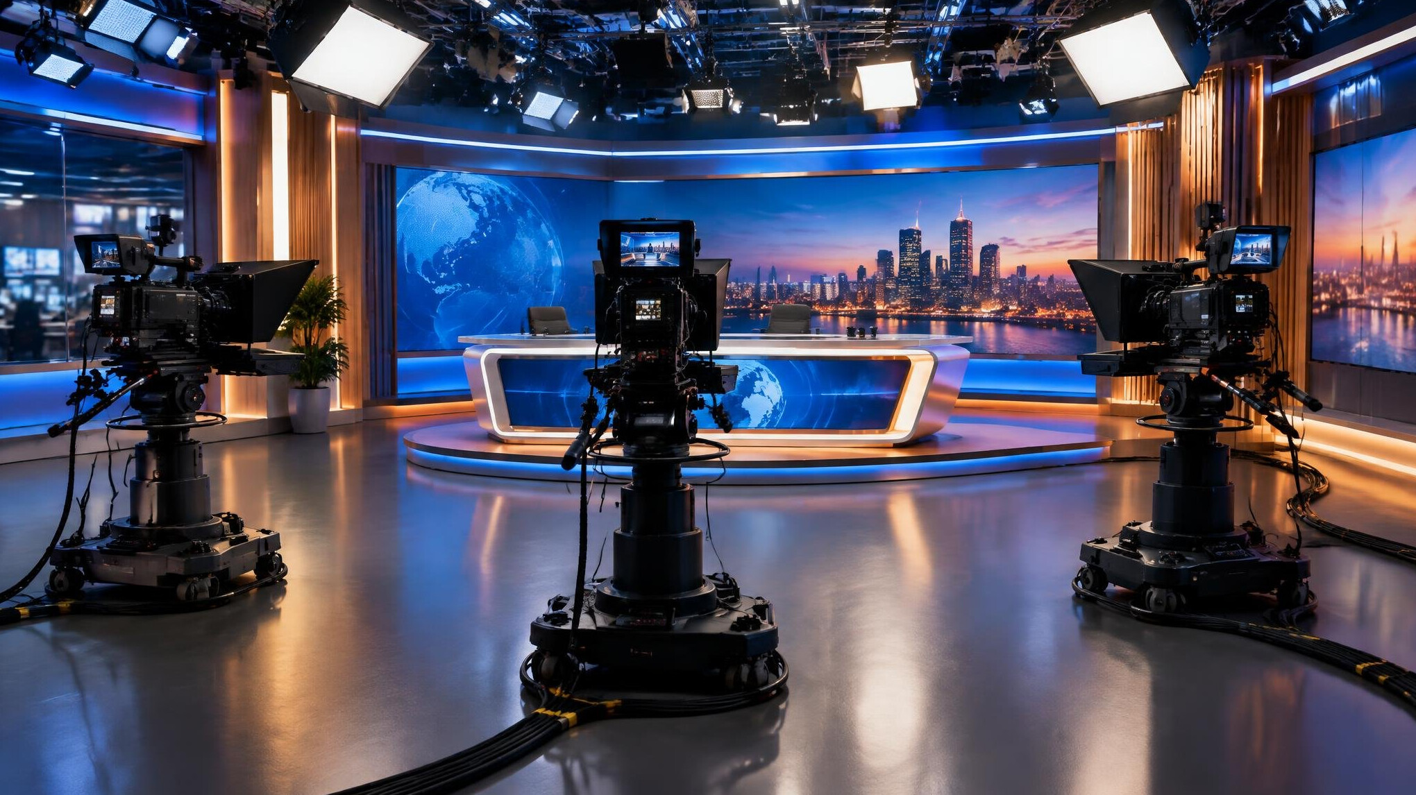 Television studio with multiple broadcast cameras and lighting rigs