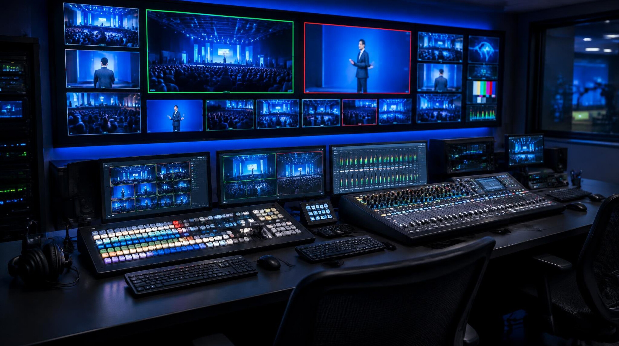Broadcast control room with video switcher and monitor wall