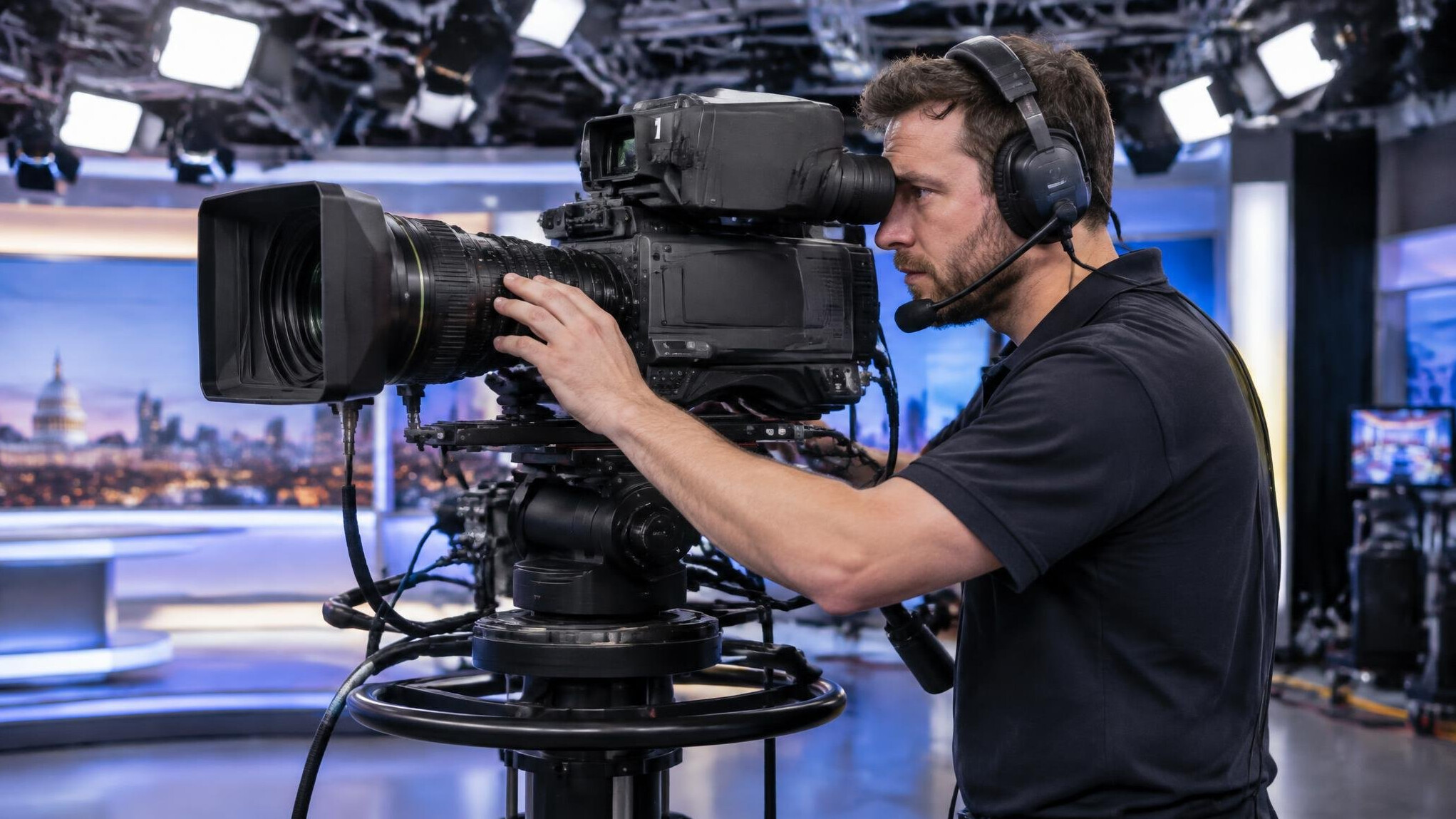 Camera operator filming a live studio segment