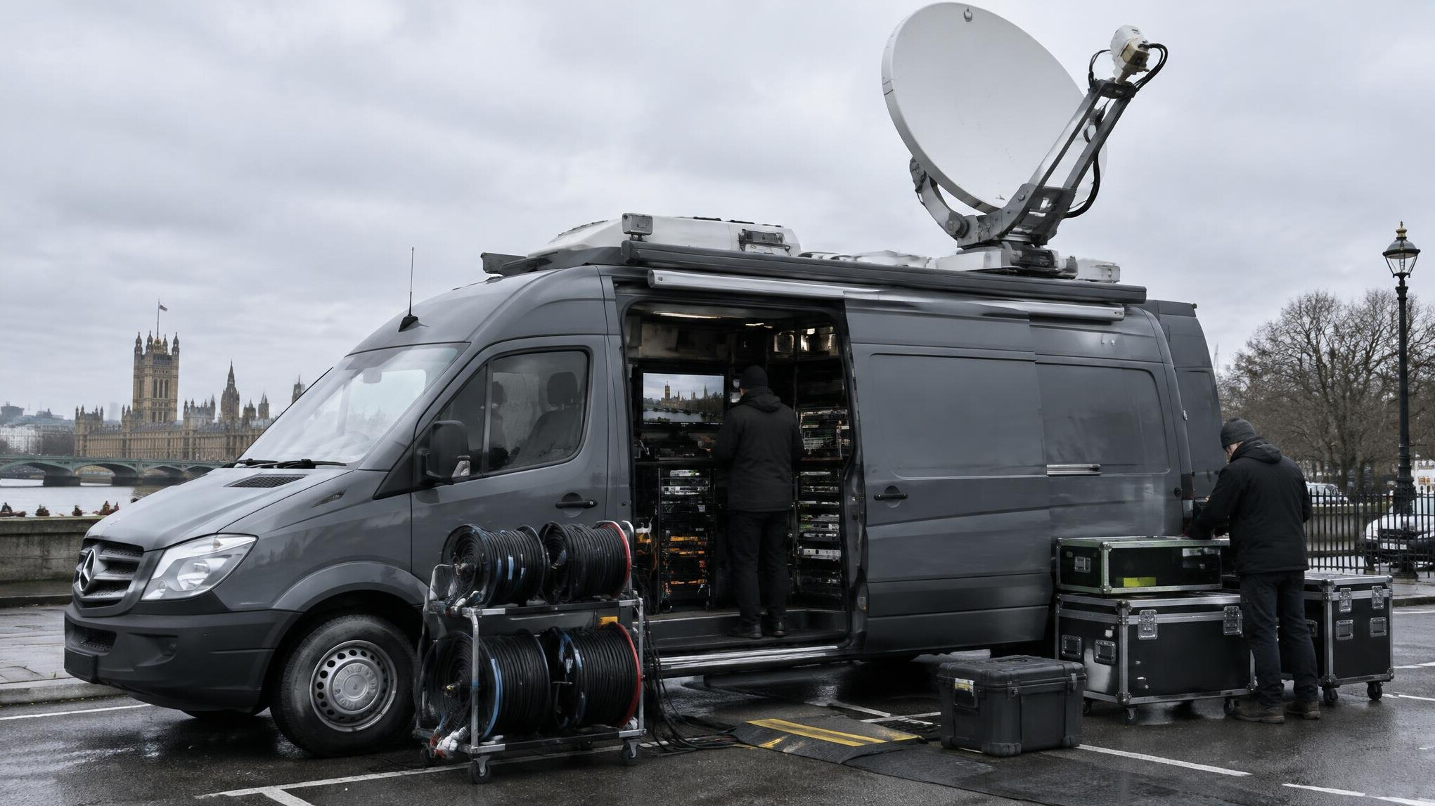 Outside broadcast van with satellite dish and cabling