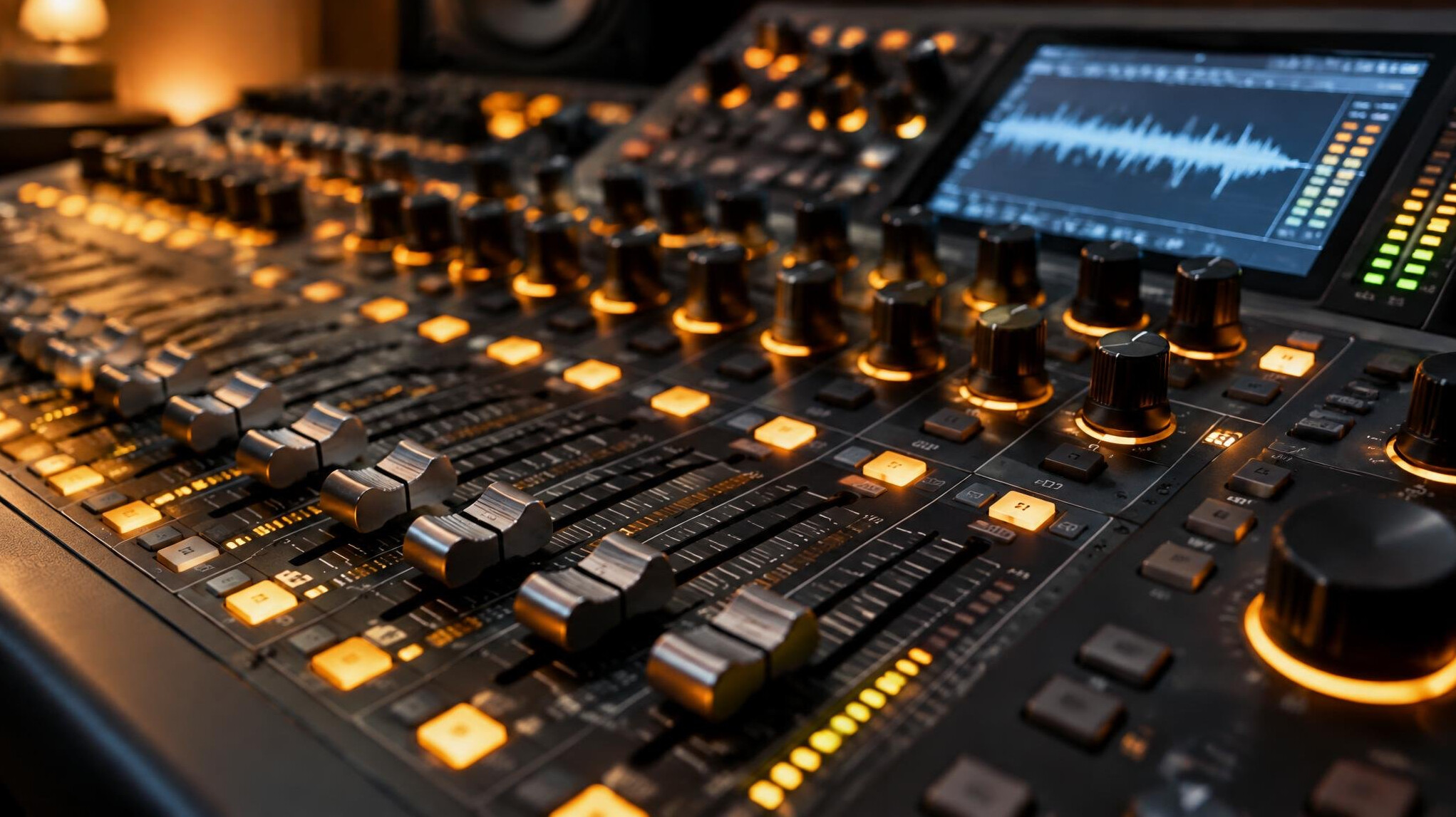 Close-up of an audio mixing console with sliders and waveform screen